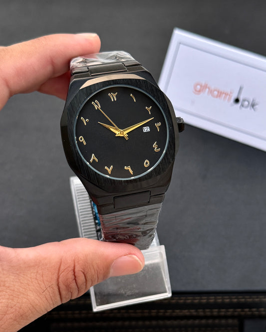 Arabic Edition Black Aura with Date - Ultra High Quality Stainless Steel Heavy Weight Edition (+150gm)