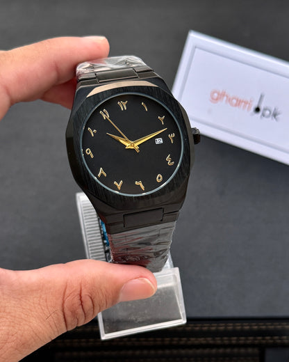 Arabic Edition Black Aura with Date - Ultra High Quality Stainless Steel Heavy Weight Edition (+150gm)
