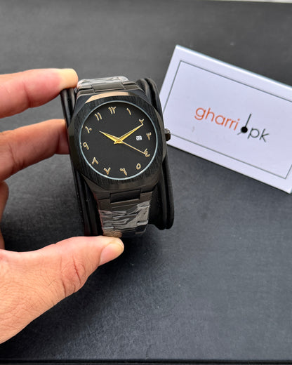 Arabic Edition Black Aura with Date - Ultra High Quality Stainless Steel Heavy Weight Edition (+150gm)