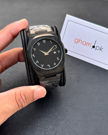 Arabic Edition Black Aura with Date - Ultra High Quality Stainless Steel Heavy Weight Edition (+150gm)