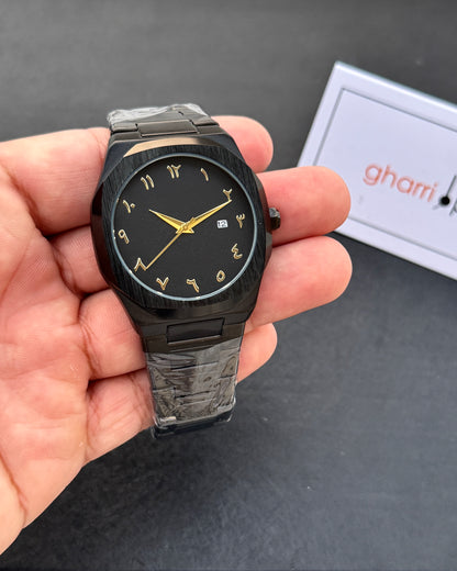 Arabic Edition Black Aura with Date - Ultra High Quality Stainless Steel Heavy Weight Edition (+150gm)