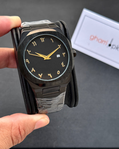 Arabic Edition Black Aura with Date - Ultra High Quality Stainless Steel Heavy Weight Edition (+150gm)