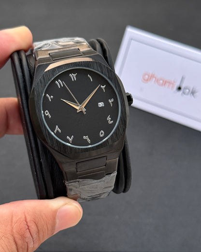 Arabic Edition Black Aura with Date - Ultra High Quality Stainless Steel Heavy Weight Edition (+150gm)